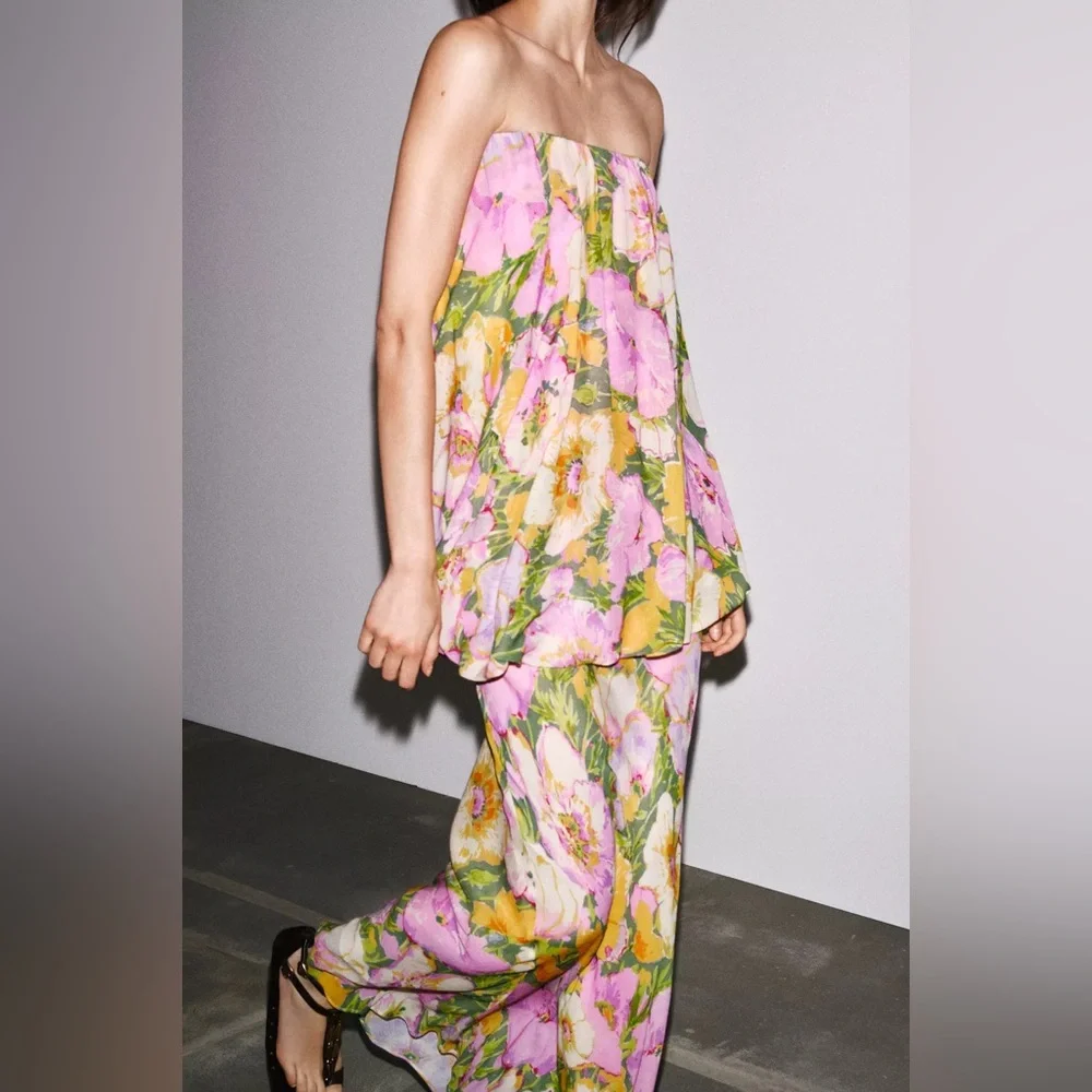 Zara Floral Strapless Maxi Dress Wedding summer evening bodycon - Picture 11 of 16